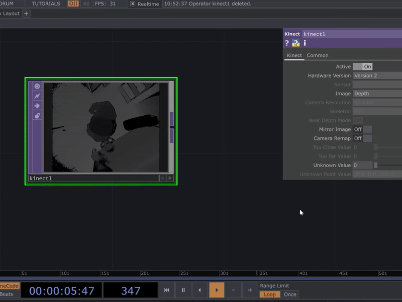 Using the overhead Kinect in AA1A, I tested connecting the Kinect to my laptop using Kinect Studio, and to TouchDesigner. Here I am testing different outputs of the camera.
I followed a tutorial by The Interactive & Immersive HQ to help with setting up the Kinect on my laptop.