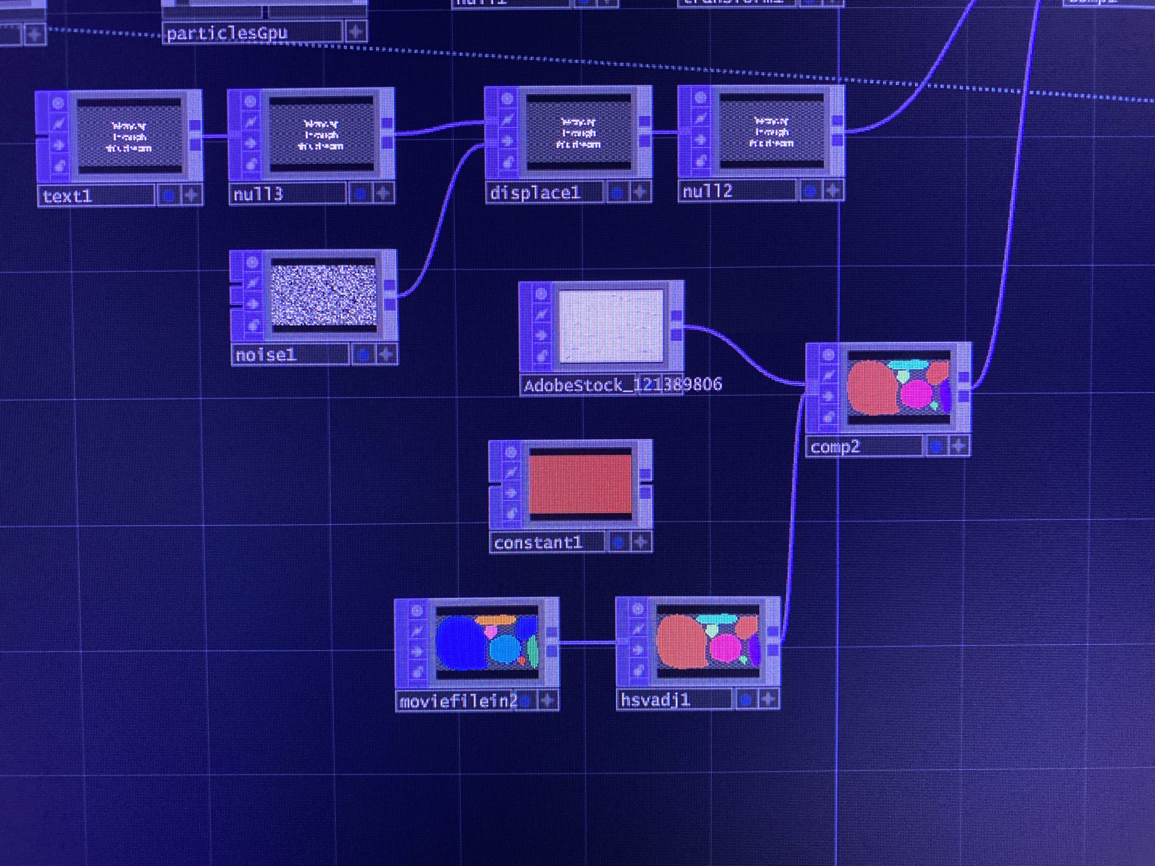 Playing with HSV Adjustment TOP to shift the hue of the tide pools.
The shift of the hue was triggered by the index number mapped to the hue value range. However, since the index numbers were close together in value (47-54), there was not a noticeable difference in the hue change.